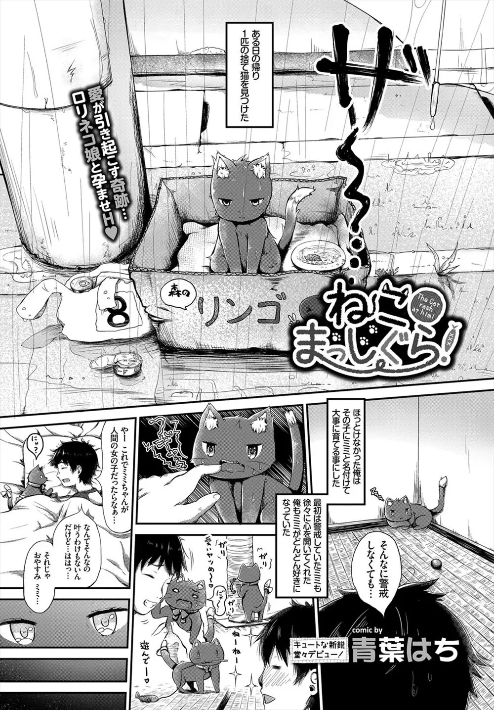 【エロ漫画】拾ってきた猫を可愛がっていたら心を開きネコミミちっぱいロリ少女に擬人化しちゃう！そんな彼女にフェラ奉仕され口内射精するとそのまま騎乗位挿入でイチャラブセックスし愛し合う！